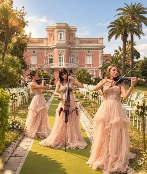 Tre musiciste con archi davanti a una villa